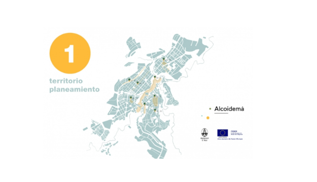 Mesa 1: Territorio y planeamiento. Logos Alcoidemà, Ayuntamiento de Alcoy y fondos FEDER