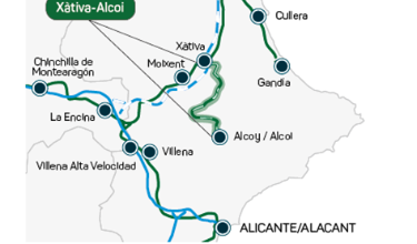 Mapa de les actuacions a realitzar en la renovació de la línea Alcoi-Xàtiva