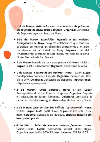 Cartel con la programación del 8-M Día de la mujer