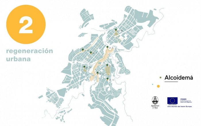 Segunda mesa, regeneración urbana. Logos Alcoidemà, Ayuntamiento de Alcoy y FEDER