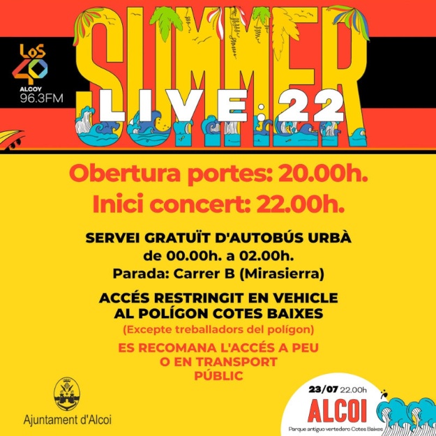 Cartel del Festival Los 40 Summer Live con información sobre accesos y transporte