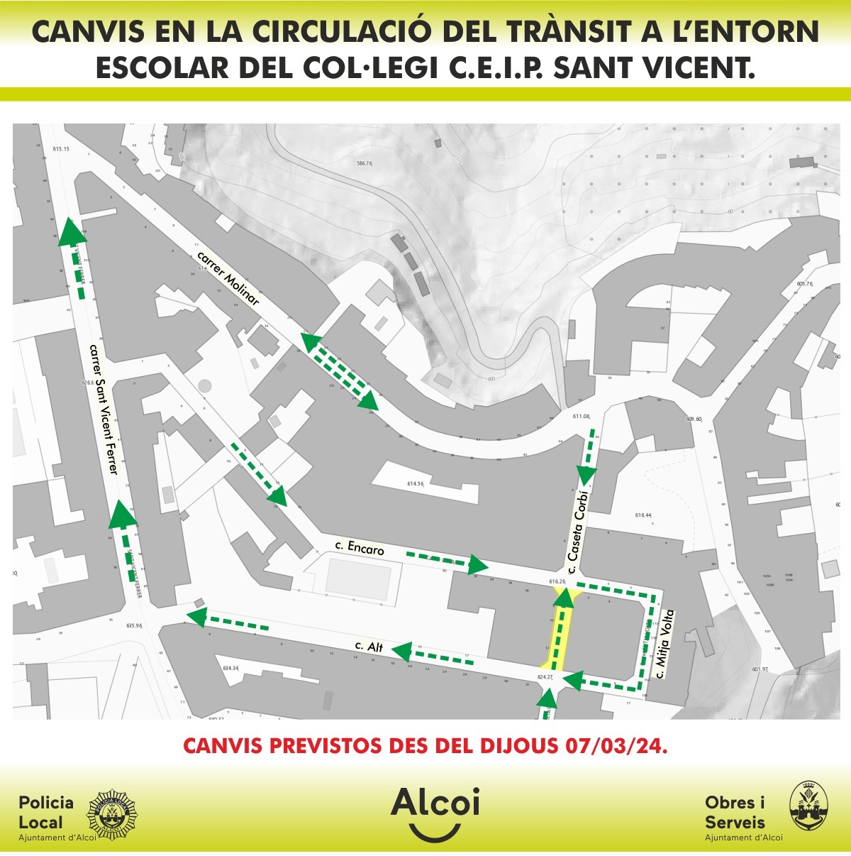 Mapa cambios de tráfico en el entrono del CEIP Sant Vicent |Mapa camvis trànsit entorn CEIP Sant Vicent