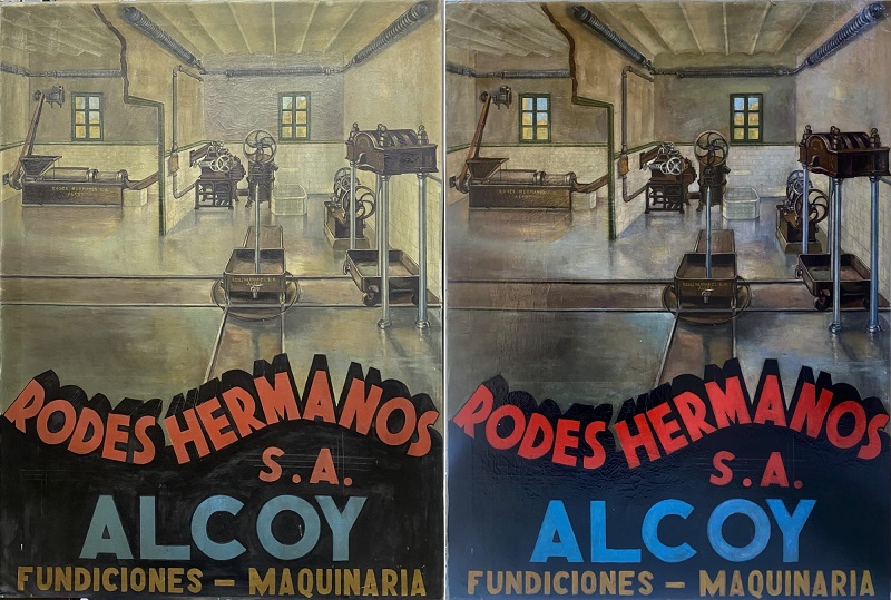 Cartel publicitario antes y después de la restauración