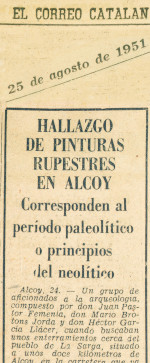 Noticia del descubrimiento de las pinturas rupestres de la Sarga en “El Correo Catalán” de 25 de agosto de 1951.