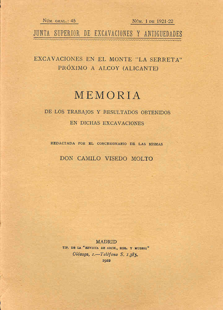 Publicación de una de las memorias de excavación de La Serreta del año 1922
