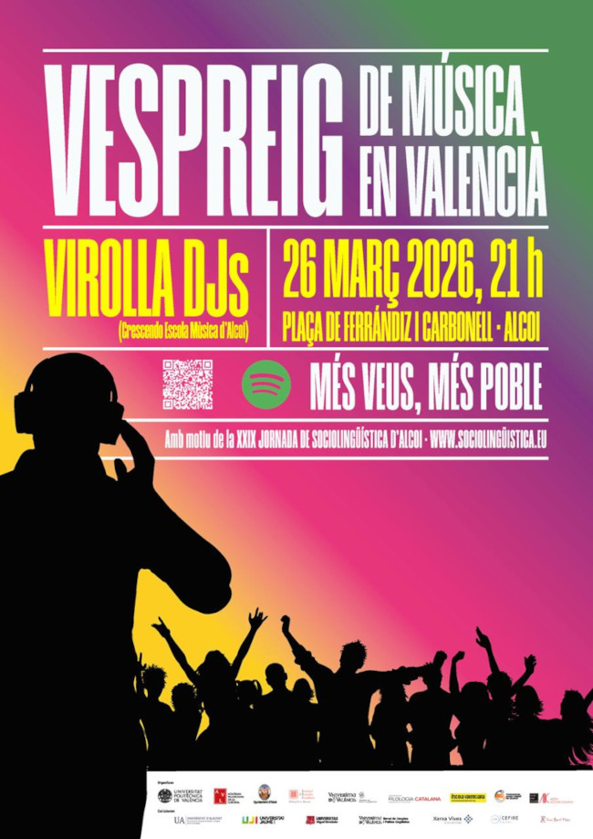 Cartell vespreig Jornada Sociolingüística 2026 amb siluetes d'un DJ i de persones ballant