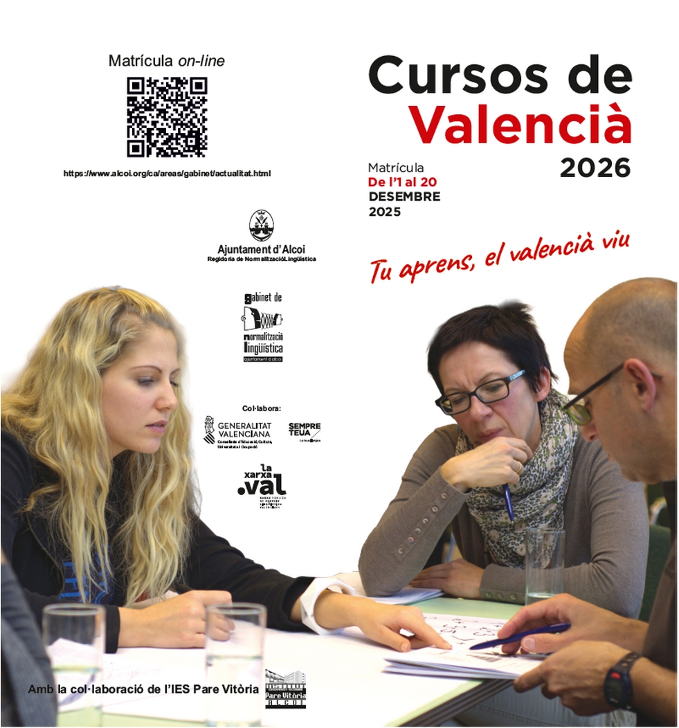 Cartell Cursos de Valencià 2026 amb persones estudiant en grup