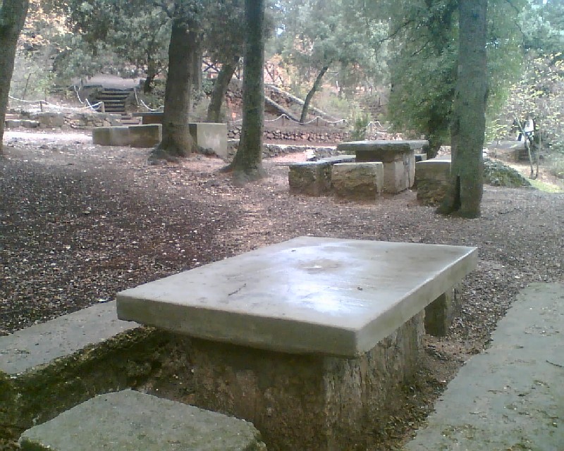 Zona de l'àrea recreativa amb taules i bancs de pedra