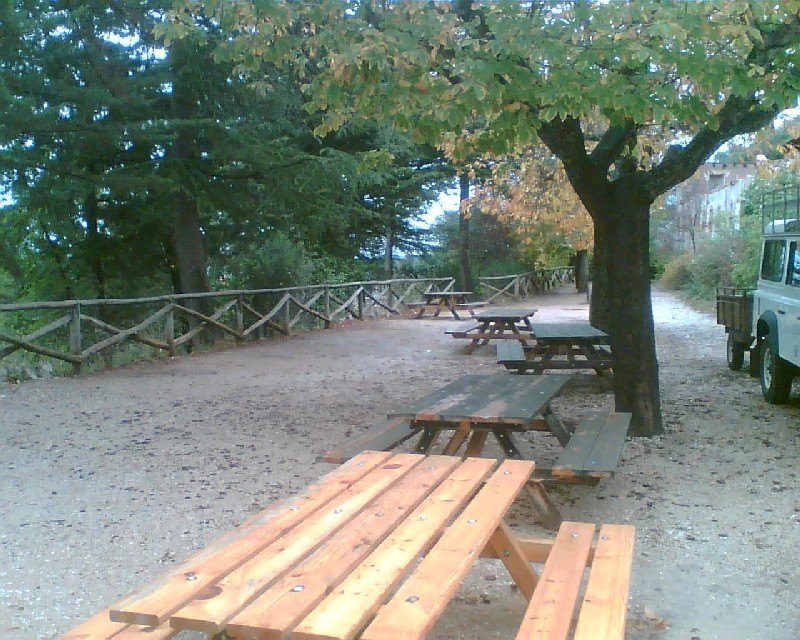 Zona del área recreativa con mesas y bancos de madera