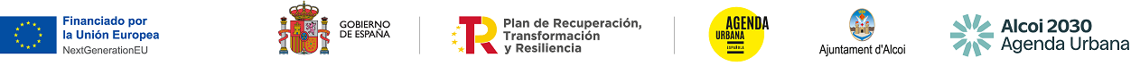 Logotips d'Unió Europea-Fons Next Generation, Govern d'Espanya-Plan de Recuperació, Transformación y Resiliència, Agenda Urbana Española, Ajuntament d'Alcoi, Alcoi2030 Agenda Urbana 