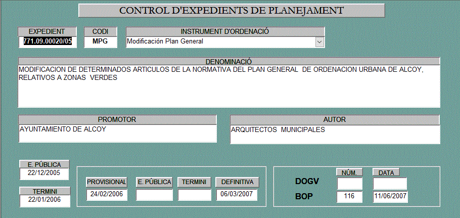 Ficha 64 Modificación de determinados artículos de la normativa del PGOU de alcoy relativos a zonas verdes (descripción a continuación)