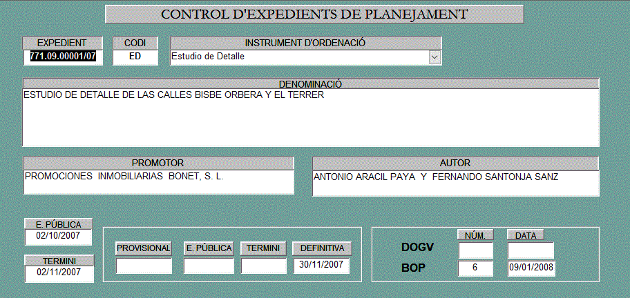 Ficha 65 Estudio de Detalle de las calles Bisbe Orberá y El Terrer (descripción a continuación)