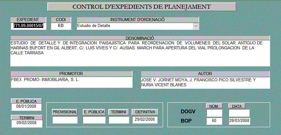 Fitxa 66 ED: reordenació volums del solar de Harinas Bufort, a l'Avda. J. Gil-Albert, L. Vives i A. March (descripció a continuació)