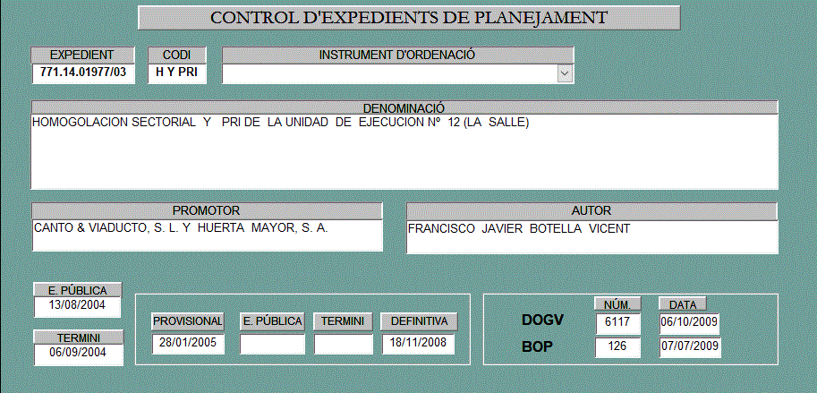 Fitxa 69 Homologació sectorial i PRI de la unitat dexecució núm. 12 (La Salle) (descripció detallada a continuació)