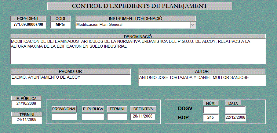 Ficha 70 Modificación artículos del PGOU de Alcoi, relativos a la altura máxima de la edificación en suelo industrial (descripción detallada a continuación)