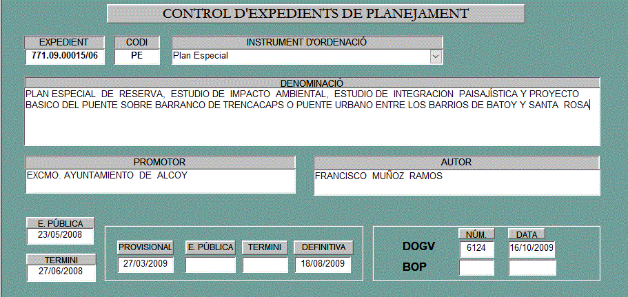 Fitxa 72 Pla Especial de reserva del pont sobre barranc de Trencacaps entre barris Batoy i Santa Rosa (descripció detallada a continuació)