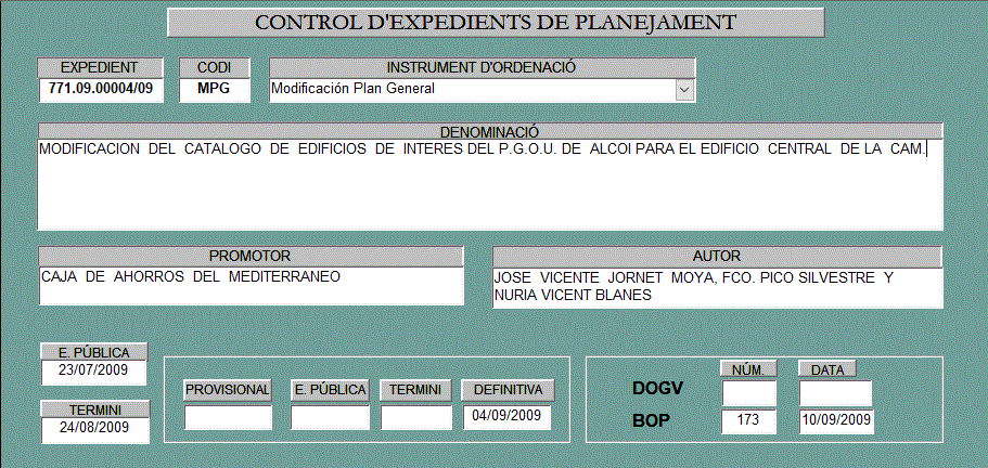 Fitxa 73 Modificació del catàleg d'edificis d'interés del P.G.O.U. d'Alcoi per a l'edifici central de la CAM (descripció detallada a continuació).