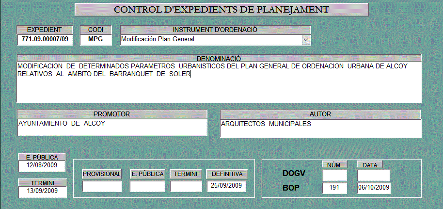 Ficha 74 Modificación parámetros urb. PGOU relativos al ámbito del Barranquet de Soler (descripción detallada a continuación)