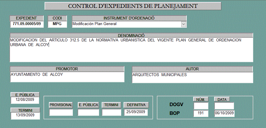 Fitxa 75 Modificació article 312.5 de la normativa urb. PGOU (descripció detallada a continuació)