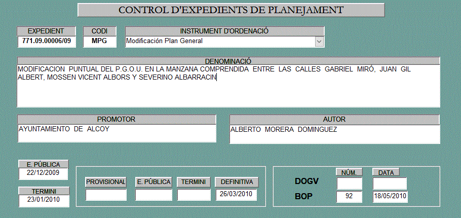 Fitxa 76 Modificació illa Gabriel Miró, Joan-Gil Albert, Mossèn V. Albors i Severino Albarracín (descripció detallada a continuació) 