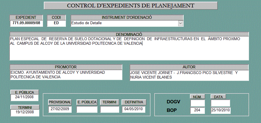 Fitxa 78 Pla Especial de Reserva de sòl dotacional i definició d'infraestructures properes a UPV Alcoi (descripció detallada a continuació)