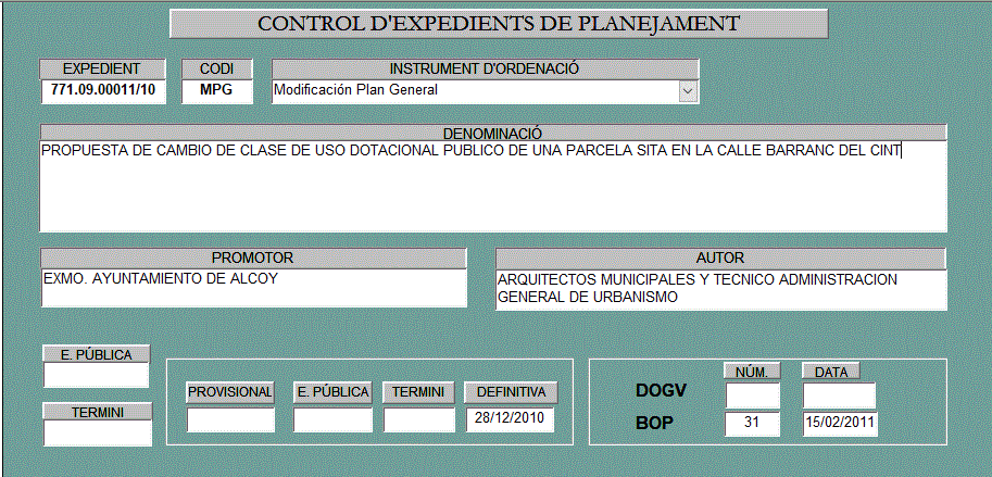 Fitxa 81 Proposta de canvi de classe d'ús dotacional d'una parcel·la en Barranc del Cint (descripció detallada a continuació)