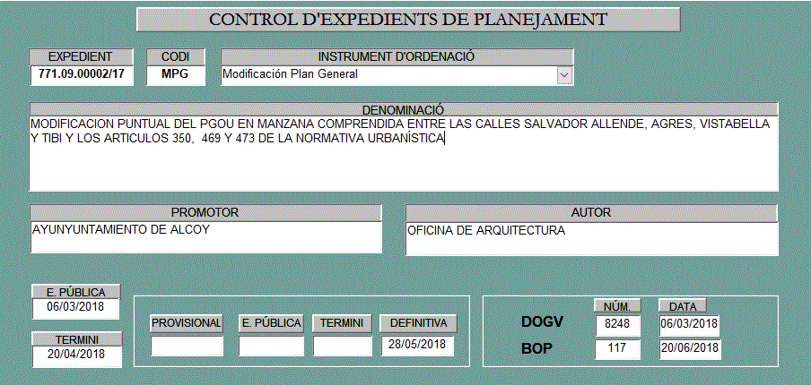 Fitxa Modificació PGOU illa Salvador Allende-Agres-Vistabella-Tibi (descripció detalalda a continuació)