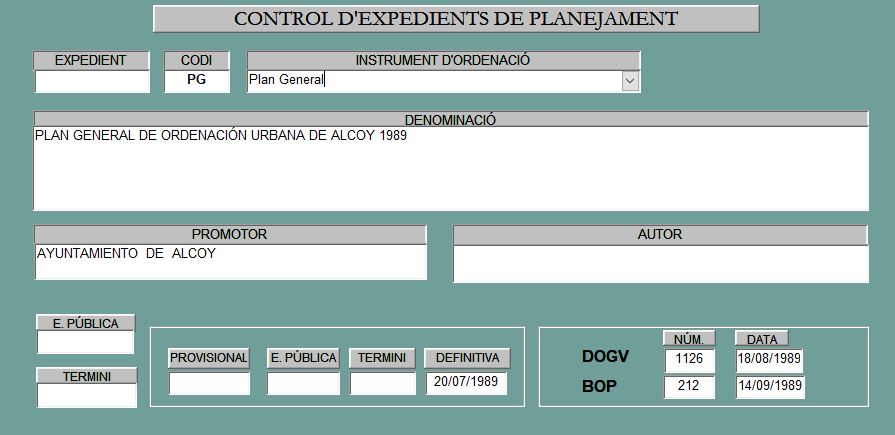 Fitxa Pla General 1989 (Descripció detallada a continuació)