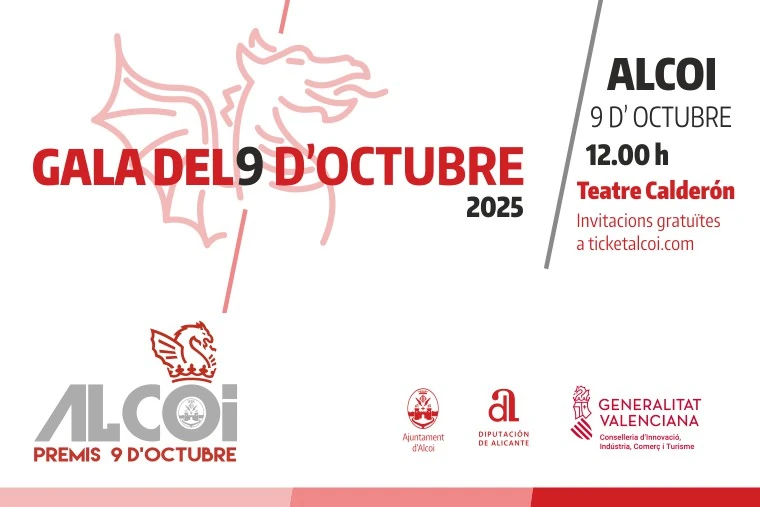 Gala del 9 d'octubre 2025. Teatre Calderón 12h. Invitacions gratuïtes a ticketalcoi.com. Premis 9 d'octubre