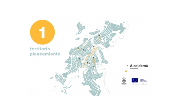 Mesa 1: Territori i planejament. Logos Alcoidemà, Ajuntament d'Alcoi i fons FEDER