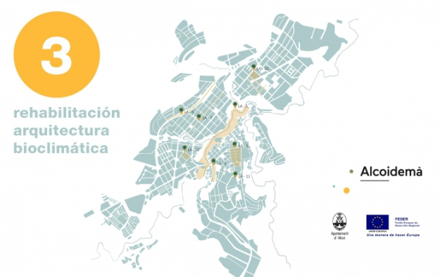 Mesa 3: Rehabilitació arquitectura bioclimàtica. Logos Alcoidemà, Ajuntament d'Alcoi i fons FEDER