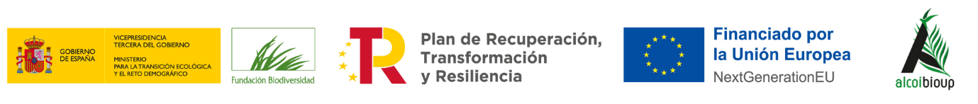 Logotipos Ministerio para la Transición Ecológica y el Reto Demográfico (MITECO), Fundación Biodiversidad, Unión Euorpea, Alcoi Bio Up 
