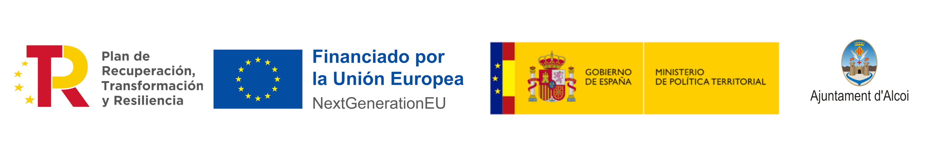 Logotipos Plan de Recuperación, Transformación y Resiliencia; Next Generation UE; Ministerio de Política Territorial, Gobierno de España; Ayuntamiento de Alcoy