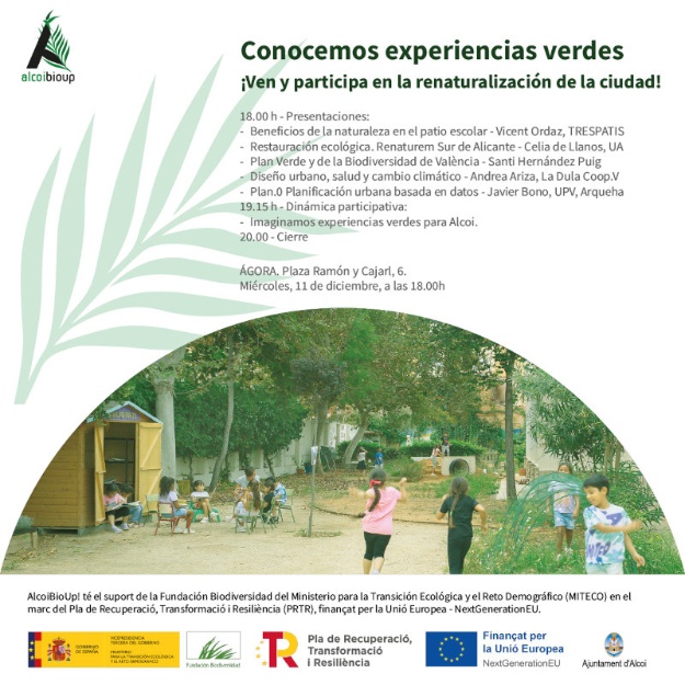 Cartel de presentación del acto participativo de AlcoiBioUp! que se celebrará el miércoles, 11 de diciembre de 2024 en Àgora Oberta