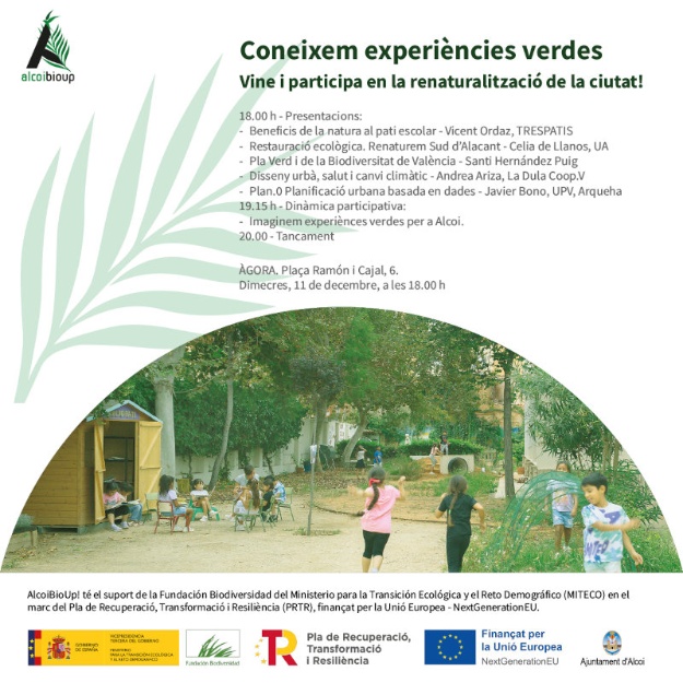 Cartell de presentació de l'acte participatiu d'AlcoiBioUp! que se celebrarà dimecres, 11 de desembre a les 18.00 hores en Àgora