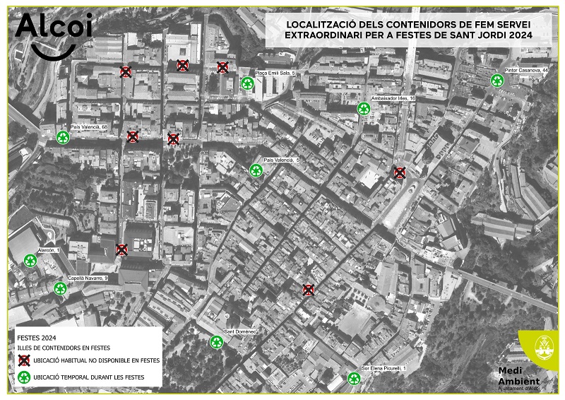 Mapa con la ubicación de los contenedores en Fiestas de Alcoy | Mapa amb la ubicació dels contenidors en Festes d'Alcoi