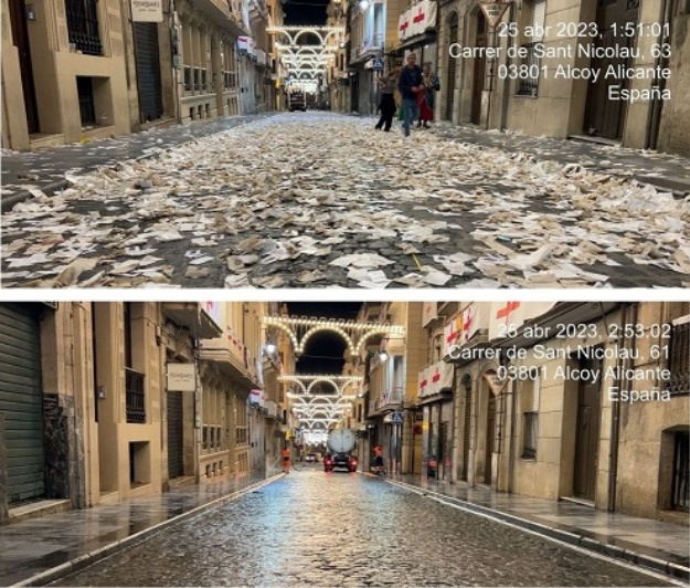 Calle de Sant Nicolau antes (arriba) y después (abajo) de la limpieza tras las Fiestas de 2023