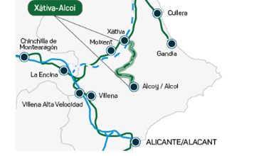 Mapa de las actuaciones a realizar en la renovación de la línea Alcoy-Xativa