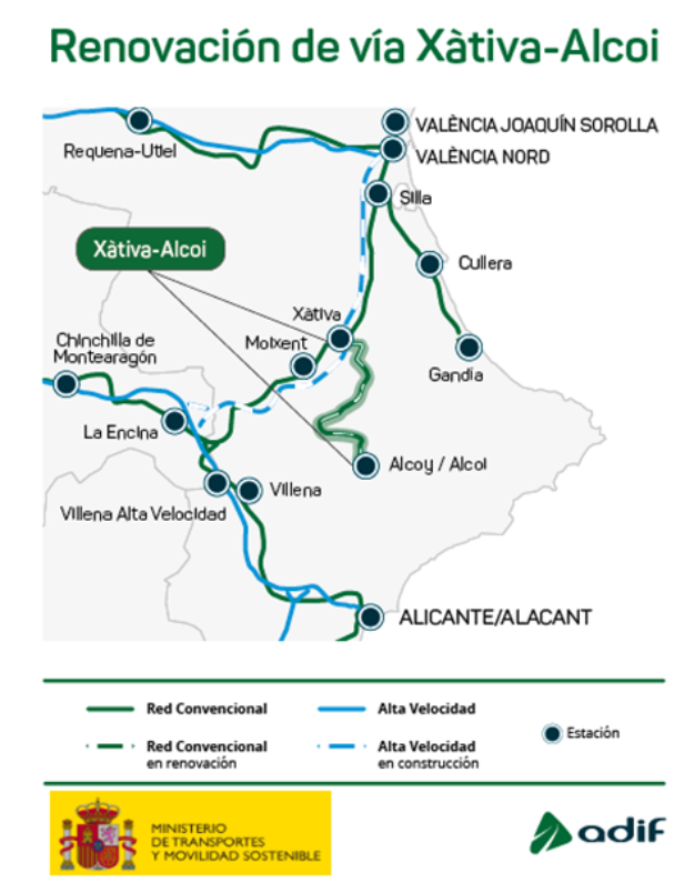 Mapa de les actuacions a realitzar en la renovació de la línea Alcoi-Xàtiva