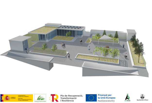 Recreació virtual de les solucions basades en la natura que s'aplicaran en la plaça d'Enric Valor