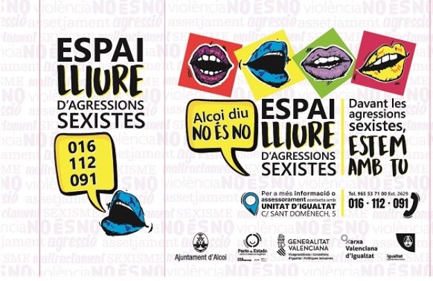 Cartell No és No. Espai lliure d'agressions sexistes. Telèfons: 016, 112, 091