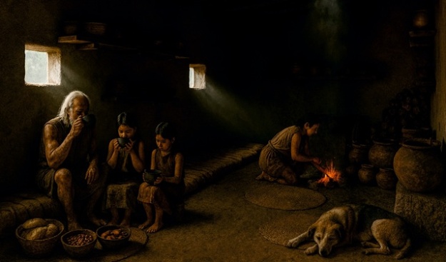 Il·lustració que representa una família en l'Edat de Bronze