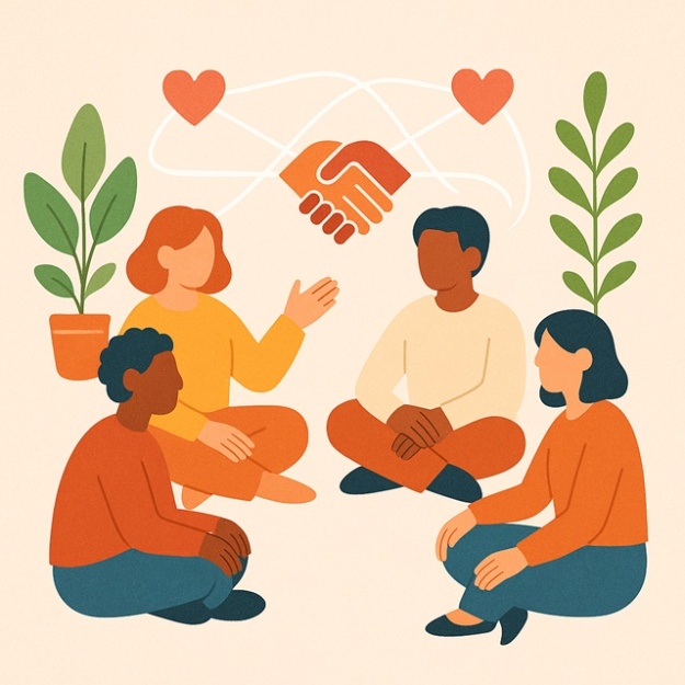 Ilustración moderna y colorida que simboliza integración, apoyo psicológico y convivencia