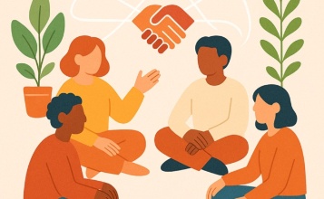 Il·lustració moderna i acolorida que simbolitza integració, suport psicològic i convivència.