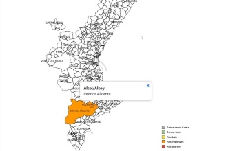 Mapa de la Comunitat Valenciana amb l'alerta taronja activa a Alcoi