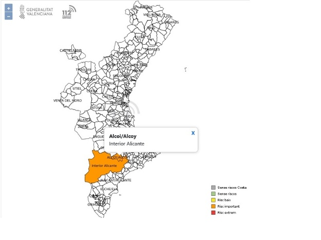 Mapa de la Comunitat Valenciana amb l'alerta taronja activa a Alcoi