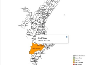 Mapa de la Comunitat Valenciana amb l'alerta taronja activa a Alcoi