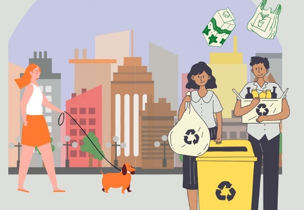 Il·lustració on diverses persones reciclen envasos en el contenidor apropiat
