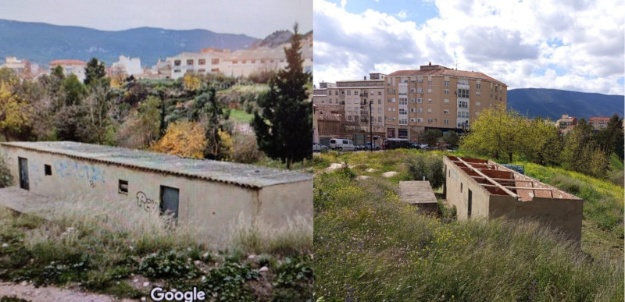 Un edifici en la zona de La Vaguada, abans i després de retirar l'amiant