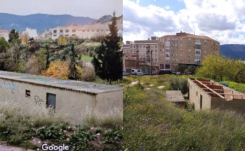Un edifici en la zona de La Vaguada, abans i després de retirar l'amiant